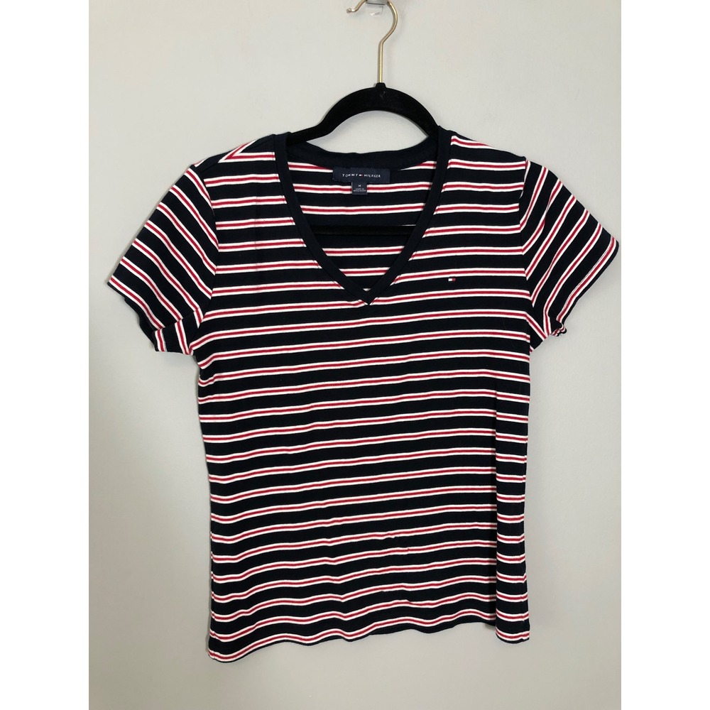 Tommy Hilfiger T-Shirt Women Medium Navy Blue Red White Striped V-Neck Tee